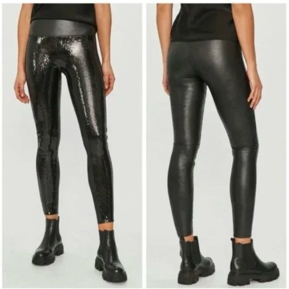 SPANX Sequined Faux-Leather Black Leggings Size Small - Picture 2 of 15